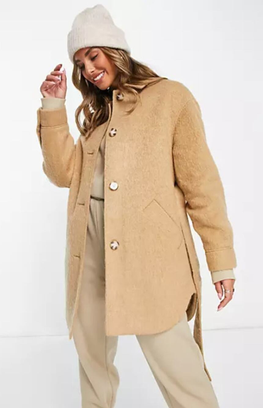 TOPSHOP Women's Brushed Shacket Size 2 Tan Camel Belted Long Sleeve NWT